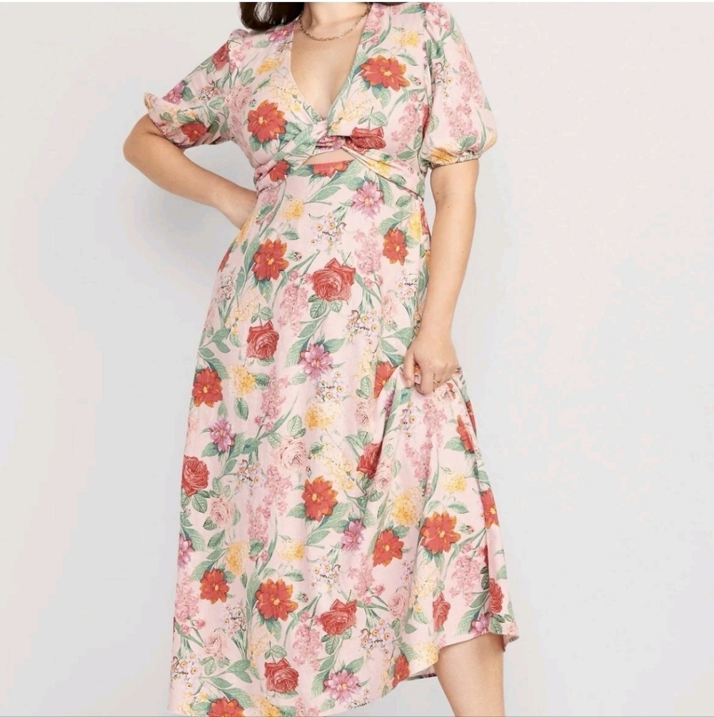 NWT Old Navy Linen Blend Twist Front Floral Midi Dress Pink Green Garden Party L